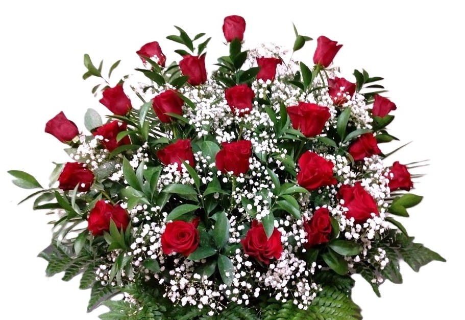 Sepelio floral elaborado con rosas rojas, paniculata y verdes ornamentales